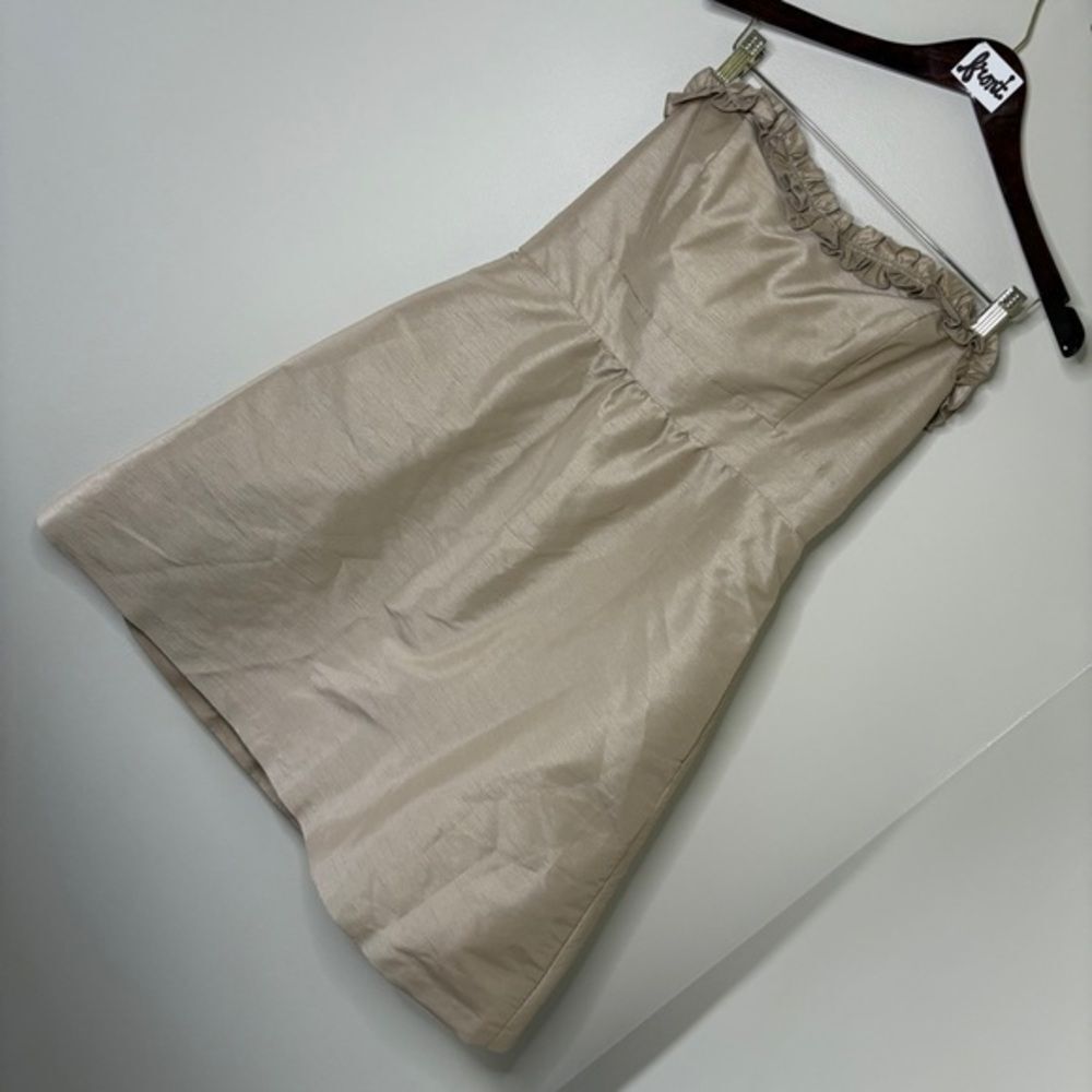 LulaKate Elegant Tan Silk Strapless Dress w/ Pockets & Ruffles Women's 10